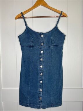 Love Cult Dark Blue Denim Button-Front Mini Dress Size Medium